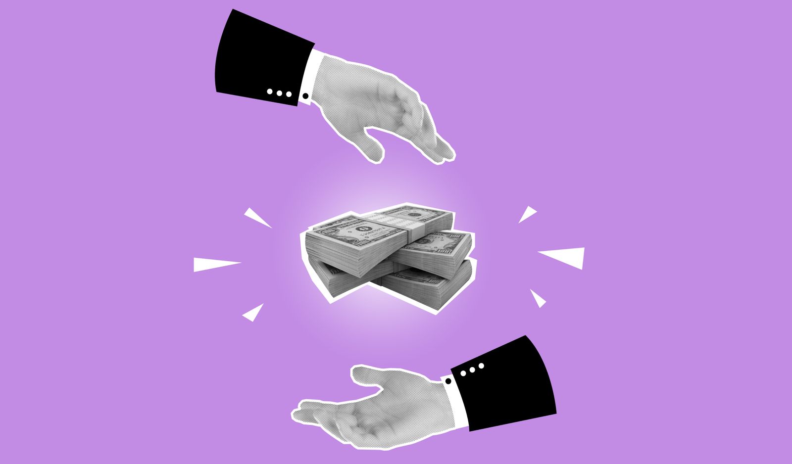 Deux mains en costume tendues vers une liasse de billets au centre, sur fond violet rehaussé de lignes blanches — illustrant l'enjeu crucial de la négociation salariale.