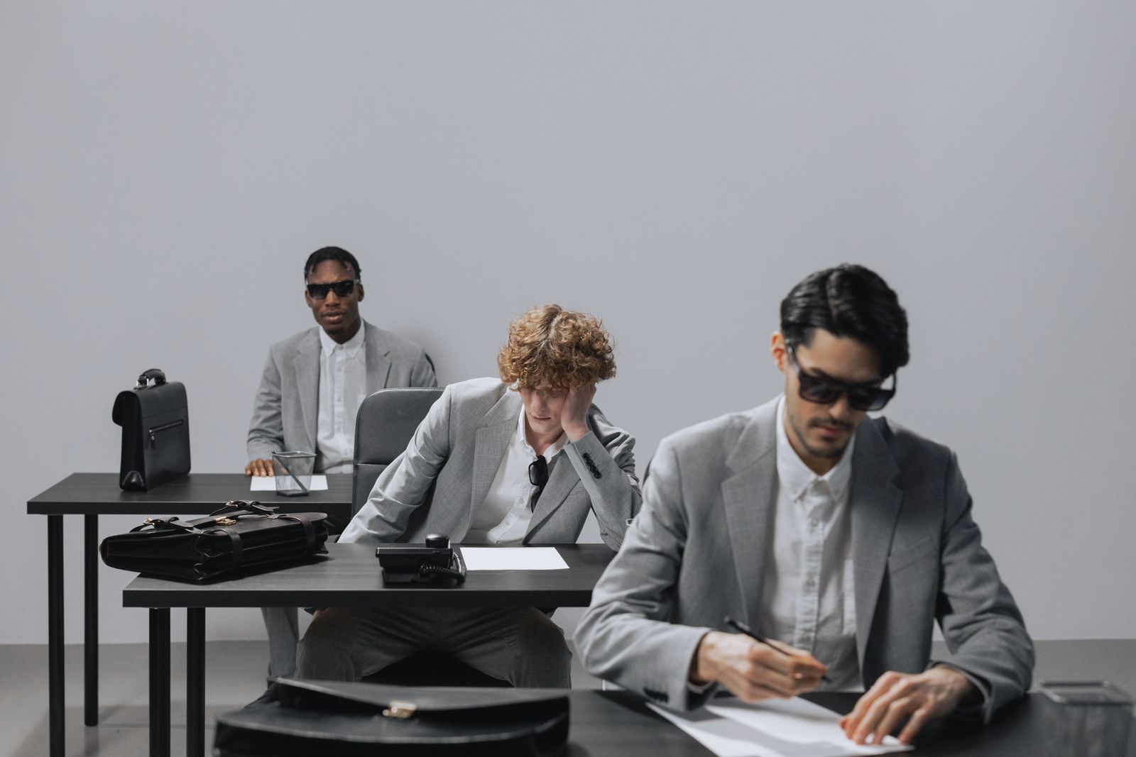 Trois hommes en costume gris et lunettes de soleil sont assis chacun à leur bureau, dans ce qui semble être une salle moderne et épurée, où ils semblent passer des tests de personnalité amusants ou travailler, leurs mallettes posées sur leurs bureaux.
